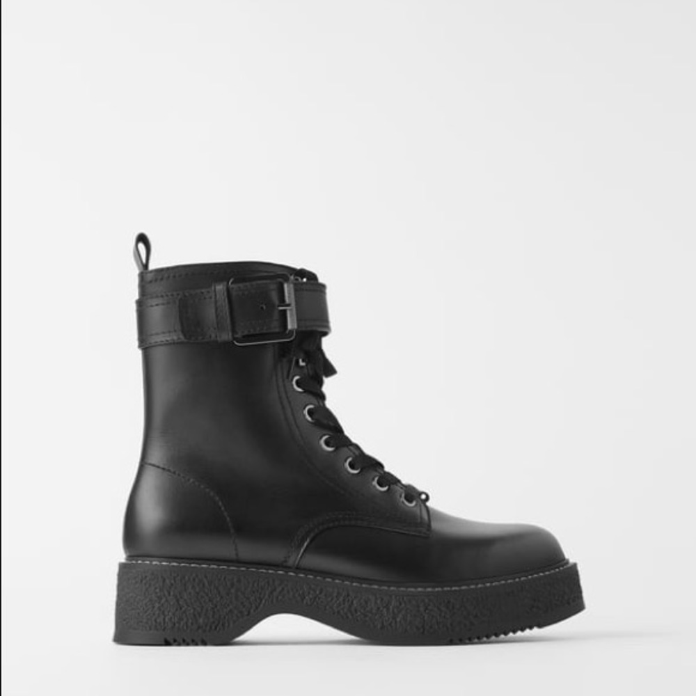 ZARA Low Heel Buckled Leather Biker Boots Size 10